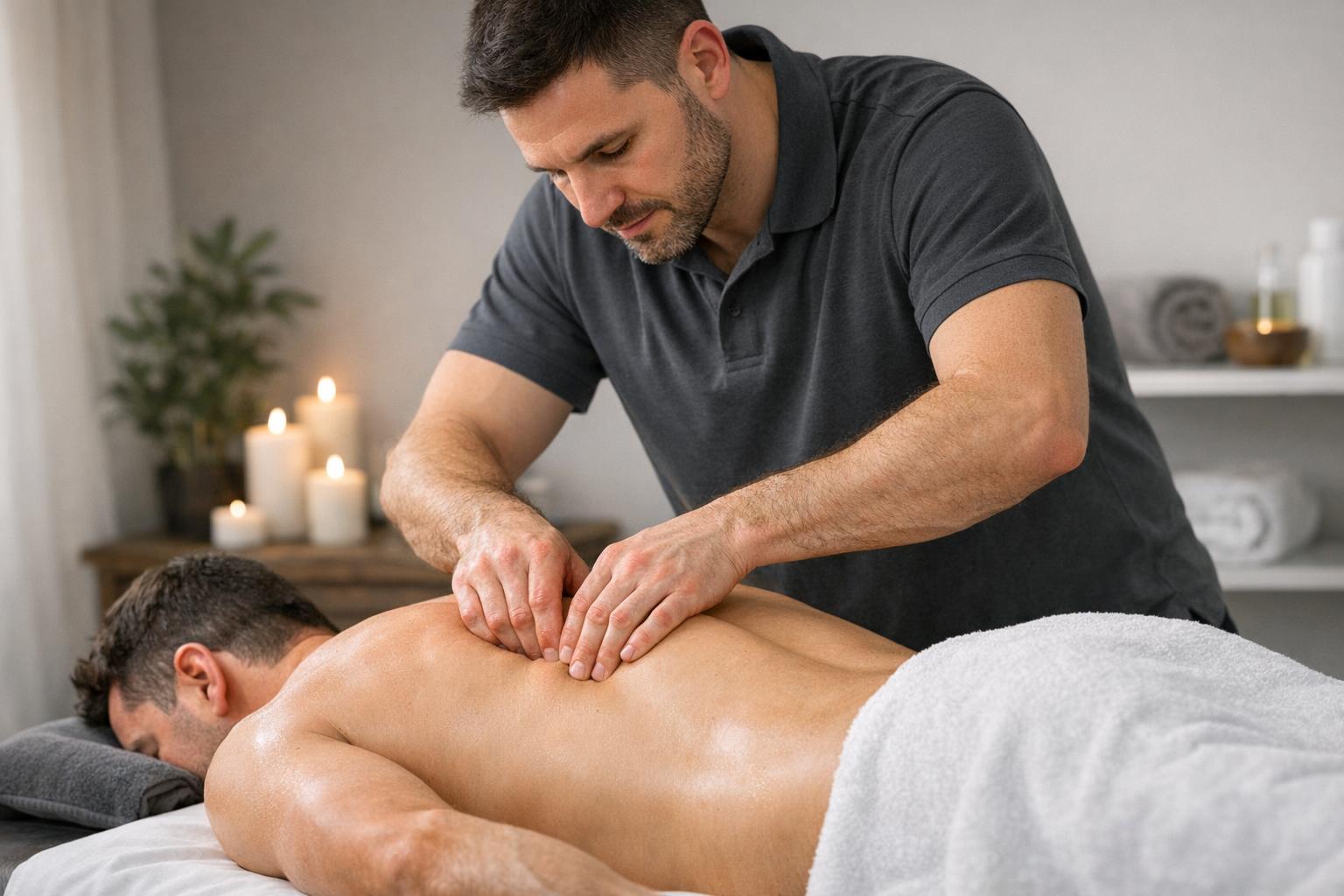 Masażysta wykonujący technikę masażu tkanek głębokich na plecach pacjenta