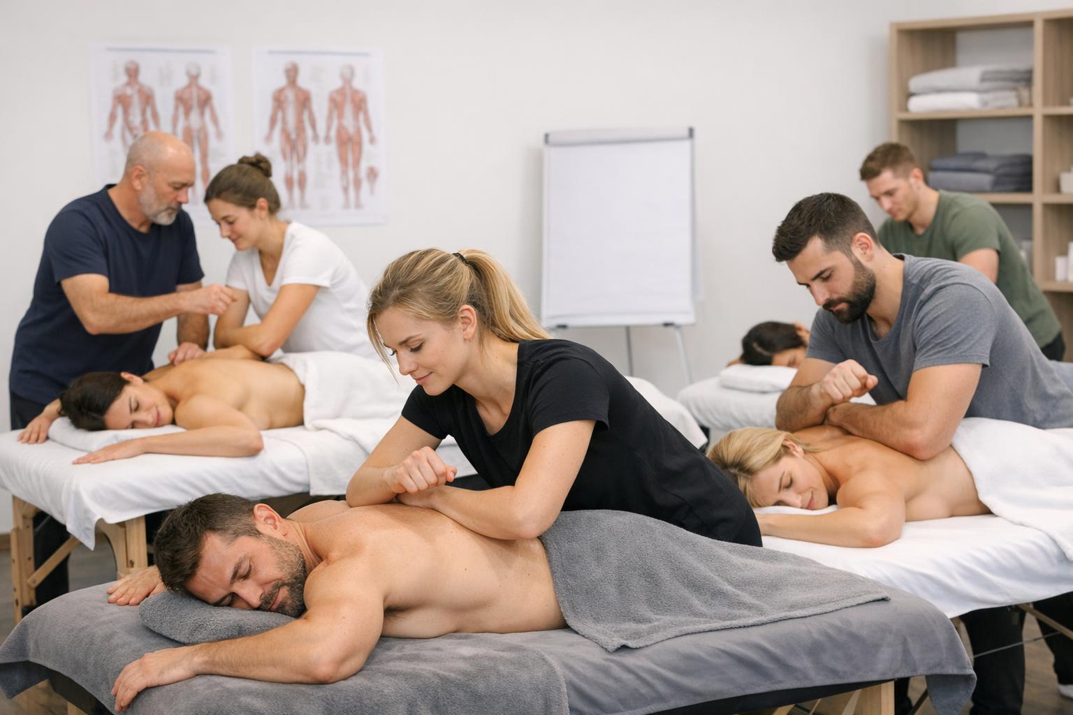 Grupa kursantów ćwiczących techniki masażu tkanek głębokich w sali szkoleniowej