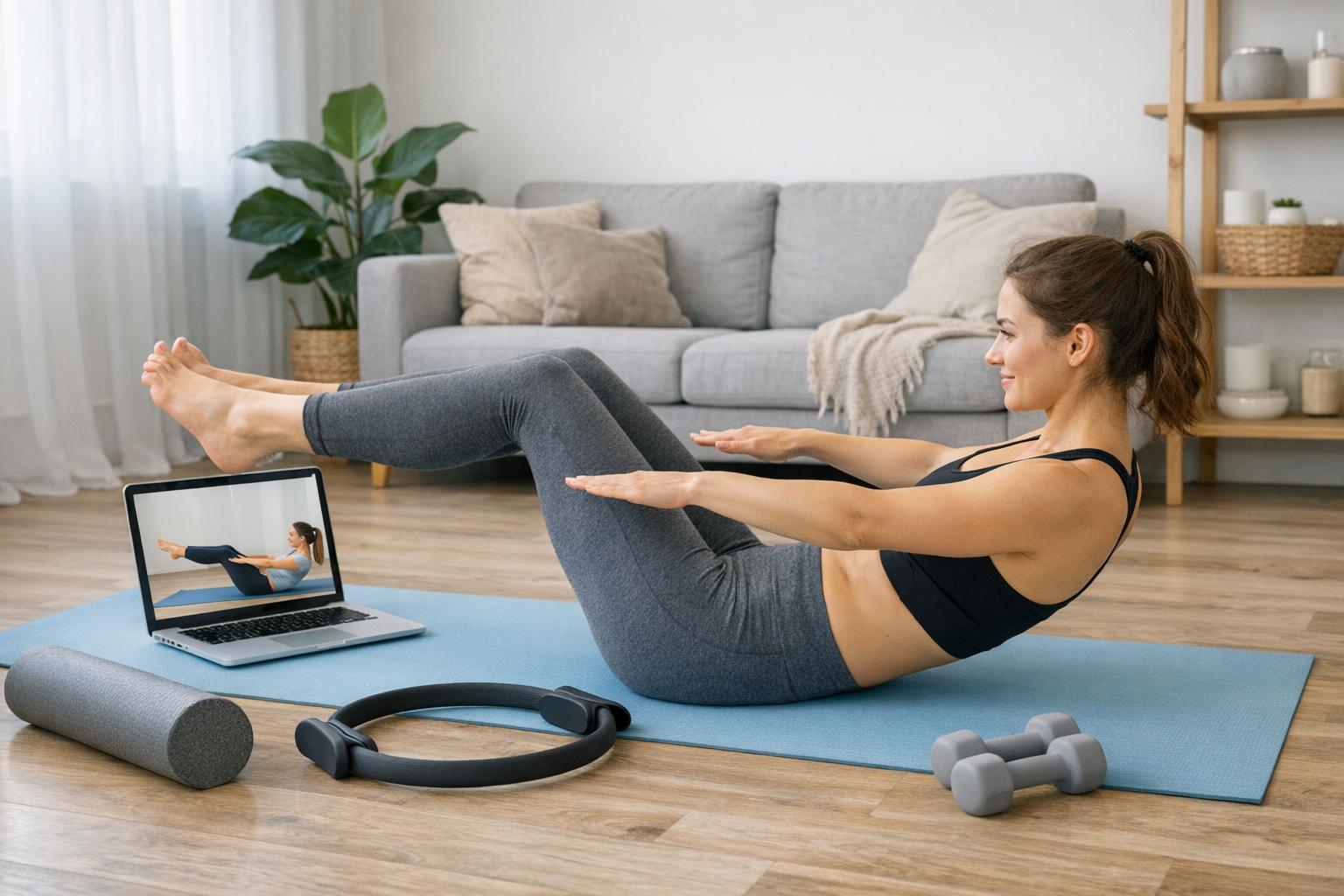 zdjęcie osoby ćwiczącej pilates w domu przed ekranem komputera
